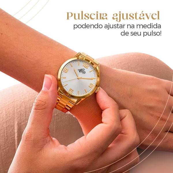 Imagem de Relogio feminino aço dourado + colar coração amor moda edição limitada qualidade premium social