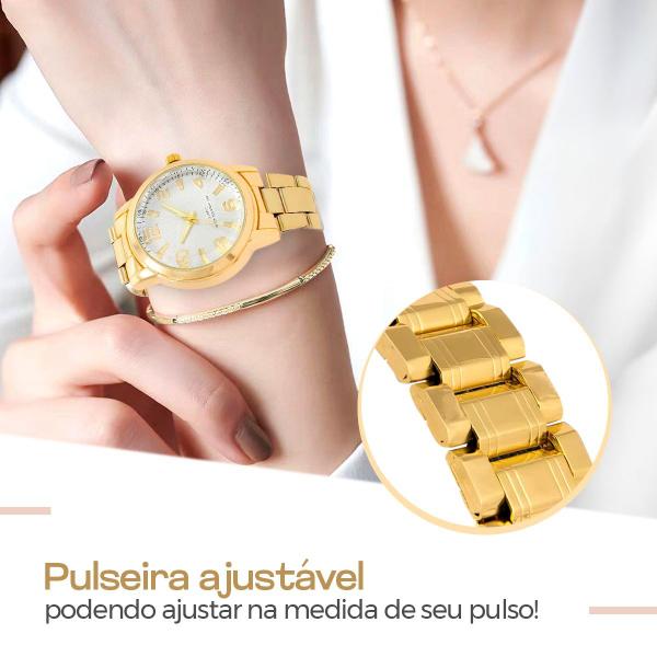 Imagem de Relogio Feminino Aço Dourado + Colar Strass Brincos + Caixa ponteiro qualidade premium inoxidável