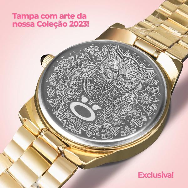 Imagem de Relógio feminino aço dourado + oculos sol + colar + caixa social presente casual qualidade premium