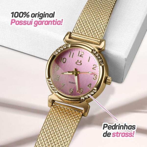 Imagem de Relogio feminino aço dourado + pulseira + oculos sol + caixa inoxidável fundo rosa social presente