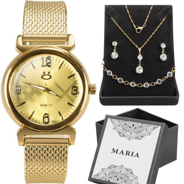 Imagem de Relogio feminino aço inox + caixa + colar strass + pulseira casual strass moda presente dourado