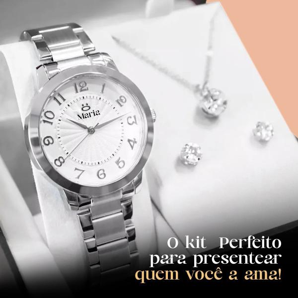 Imagem de Relogio feminino aço inox + colar strass + brincos + caixa presente social qualidade premium casual