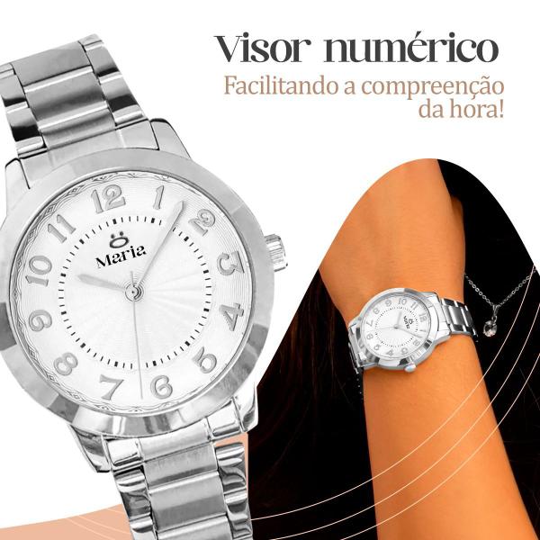 Imagem de Relogio feminino aço inox + colar strass + caixa presente ajustavel casual social qualidade premium