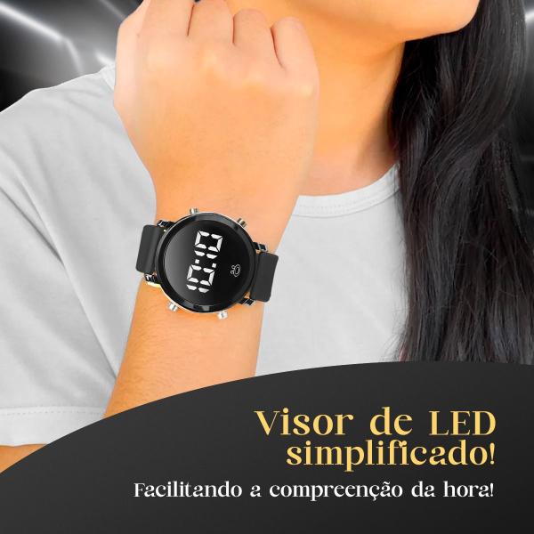 Imagem de Relogio feminino aço inox digital qualidade premium + caixa redondo casual preto (black piano) led