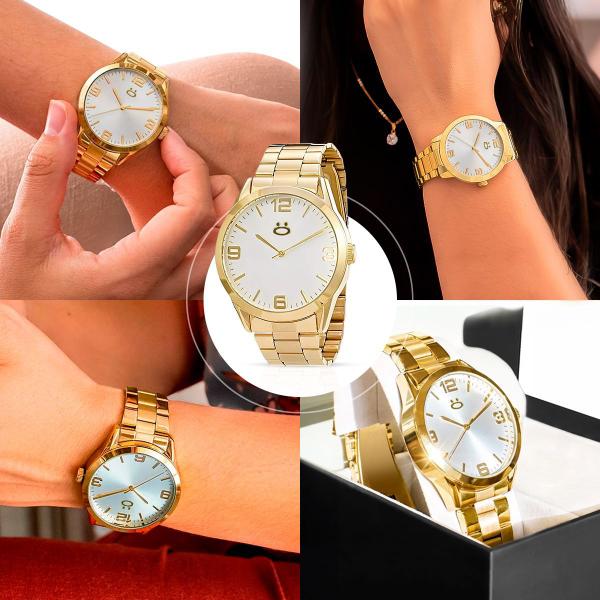 Imagem de Relogio feminino aço inox dourado + brincos + caixa + colar social casual qualidade premium moda