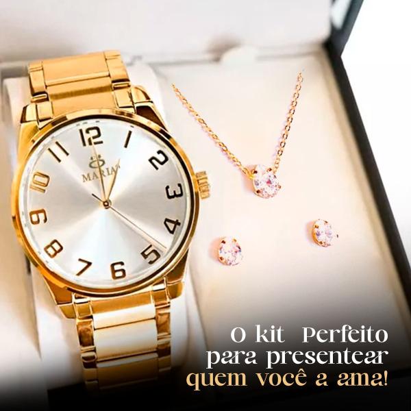 Imagem de relogio feminino aço inox dourado + caixa + brincos + colar casual social qualidade premium banhado