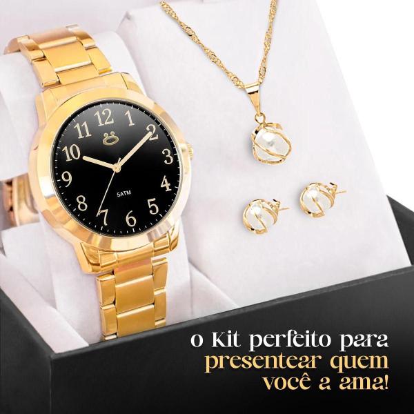 Imagem de Relogio Feminino Aço Inox Dourado + Caixa + Colar + Brincos