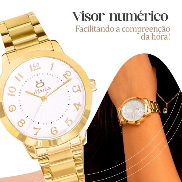 Imagem de relogio feminino aço inox dourado + colar + brincos + caixa qualidade premium social presente moda