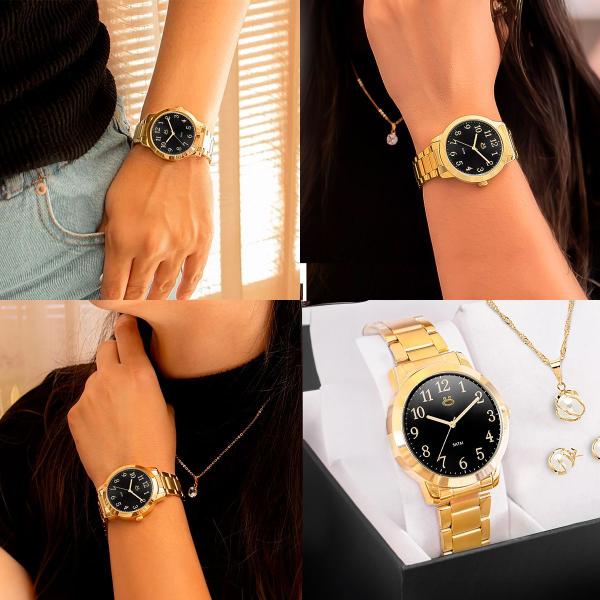 Imagem de Relogio feminino aço inox dourado + colar + caixa + brincos