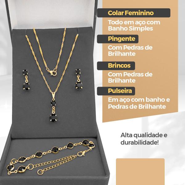 Imagem de Relógio Feminino Aço Inox Dourado + Colar Strass + Brincos