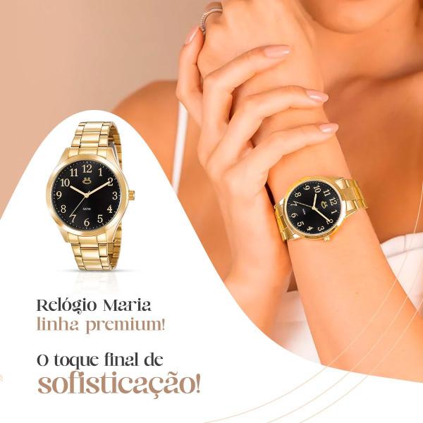 Imagem de Relógio Feminino Aço Inox Dourado Fundo Preto Banhado Casual + Colar + Brinco Strass Caixa