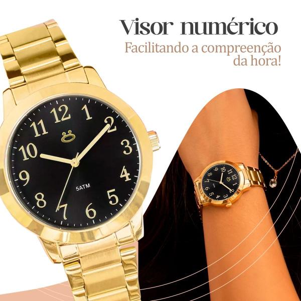 Imagem de Relógio Feminino Aço Inox Dourado Visor Preto Banhado Moda + Colar + Brinco Strass Caixa