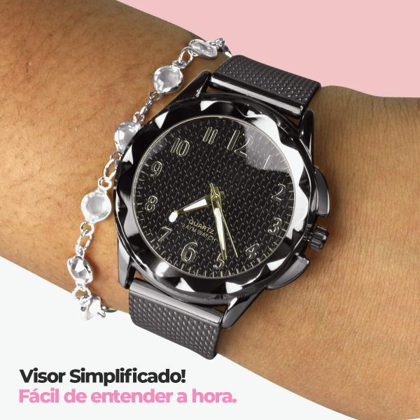 Imagem de Relogio feminino aço inox prova dagua + colar + pulseira coração moda presente resistente silicone