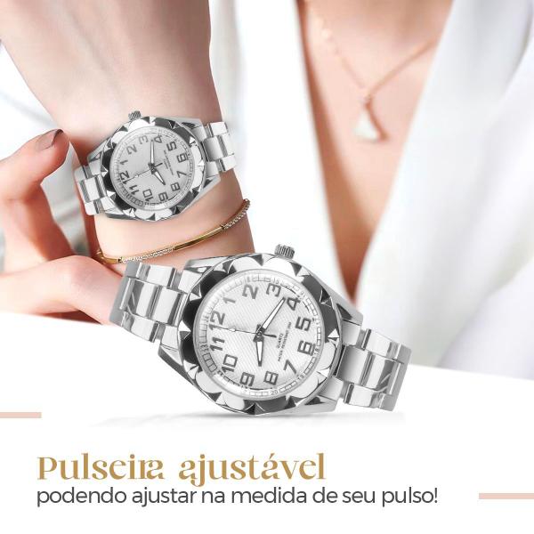 Imagem de Relogio feminino aço inox prova dagua + pulseira + colar coração resistente silicone moda