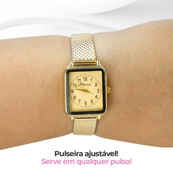 Imagem de Relogio feminino aço inox + pulseira + colar brincos social analogico original moda quadrado