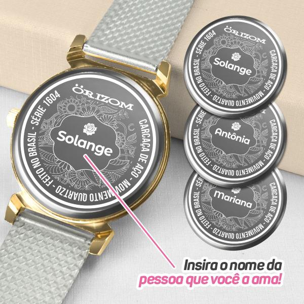 Imagem de Relógio feminino aço inox + pulseira personalizada + caixa silicone personalize dourado presente