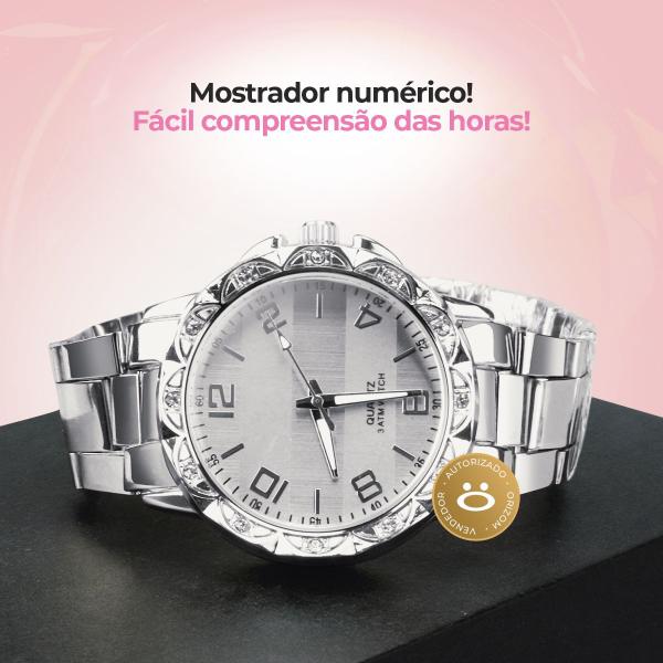 Imagem de Relógio feminino aço inox strass + colar + brincos qualidade premium ponteiro casual original social