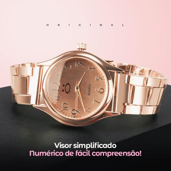 Imagem de Relogio feminino aço inoxidável rose + brinco colar + caixa original casual analogico social perola