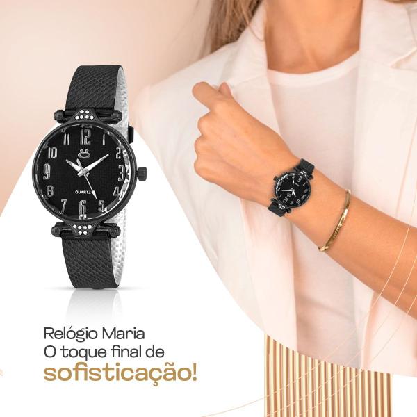 Imagem de Relogio feminino aço preto + brincos colar coração + caixa silicone ajustavel original social casual