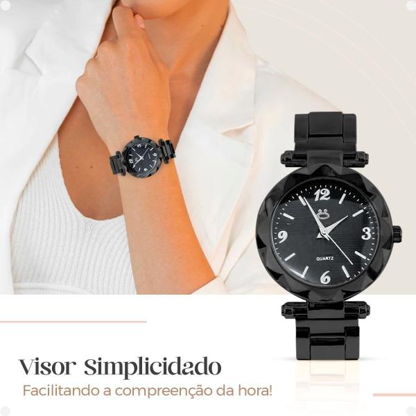 Imagem de relogio feminino aço preto + colar strass + brincos + caixa black piano delicado ajustavel social