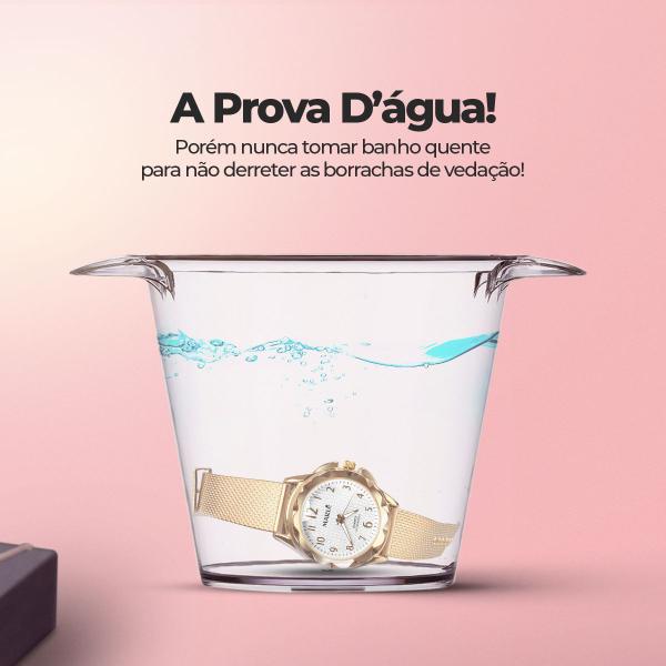 Imagem de Relogio feminino aço prova dagua dourado + pulseira + caixa inoxidável moda silicone casual original