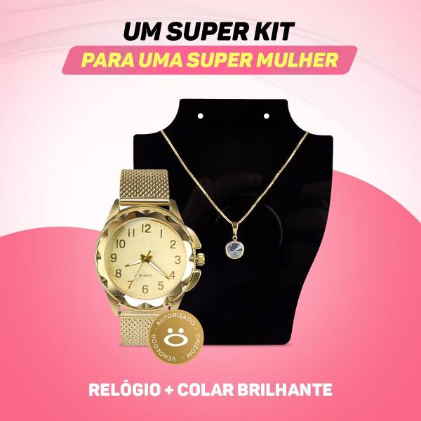 Imagem de Relogio feminino aço prova dagua ou relogio feminino aço inoxidavel + colar ponto luz + caixa