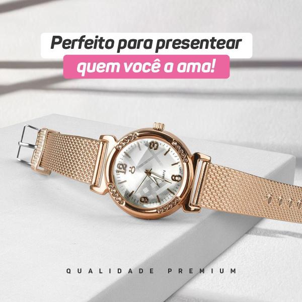 Imagem de Relogio Feminino Aço Rose + Pulseira + Oculos Sol + Caixa