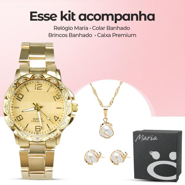 Imagem de Relógio Feminino Aço Strass Banhado Dourado + Colar Brincos + Caixa casual prova dagua social ouro