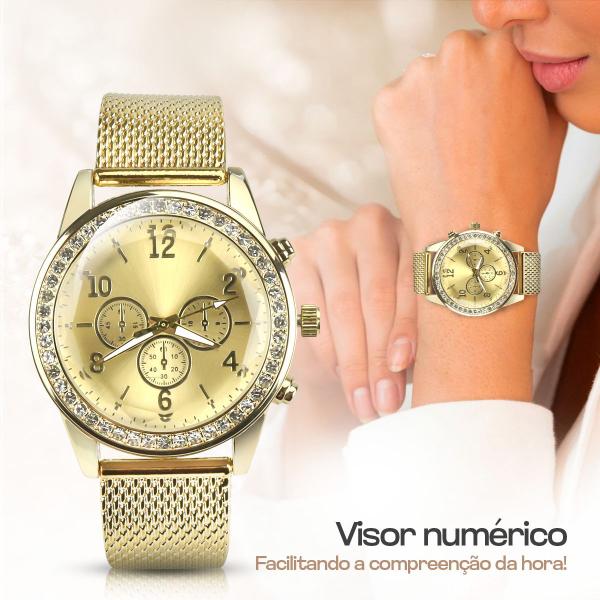 Imagem de relogio feminino aço strass + pandora social dourado redondo delicado moda banhado presente