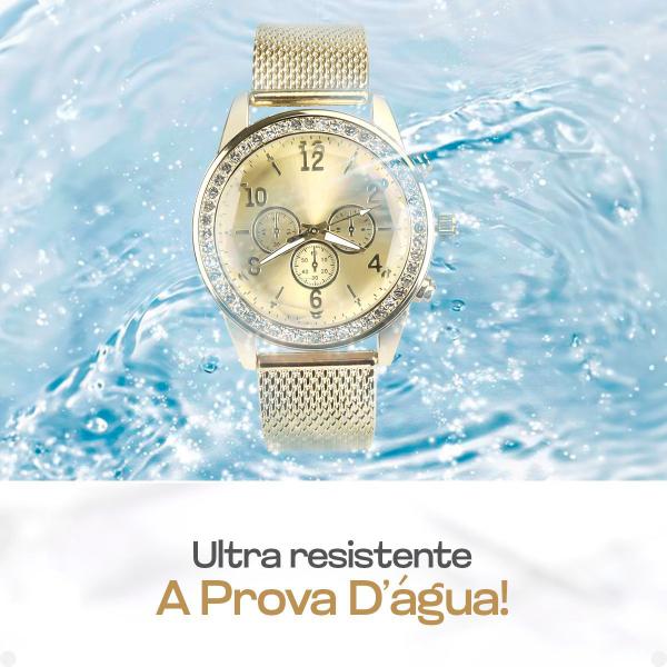 Imagem de relogio feminino aço strass + pulseira + brincos social delicado qualidade premium redondo presente