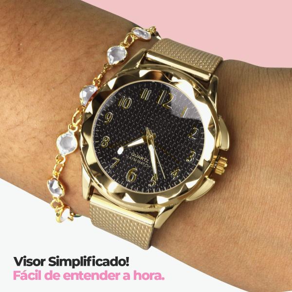 Imagem de Relogio feminino banhado aço + brincos + pulseira original presente social qualidade premium casual