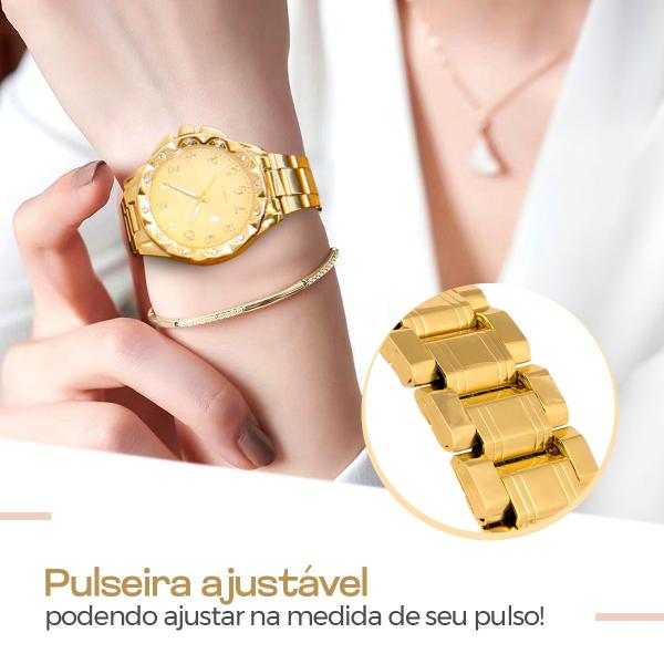 Imagem de relogio feminino banhado aço + colar brinco strass + caixa ponteiro casual inoxidável presente