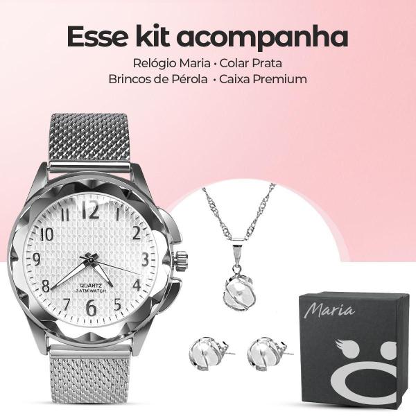 Imagem de Relogio Feminino Banhado Aço + Colar + Pulseira Fundo Rosa