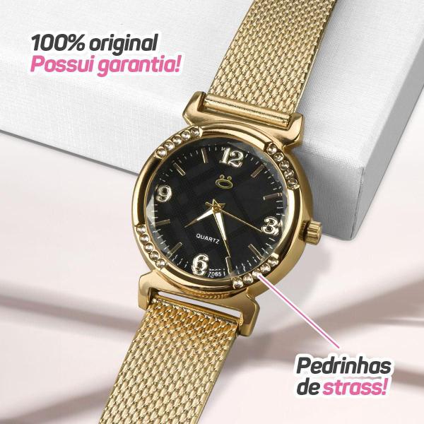 Imagem de Relogio Feminino Banhado Aço Dourado Inox Silicone Social