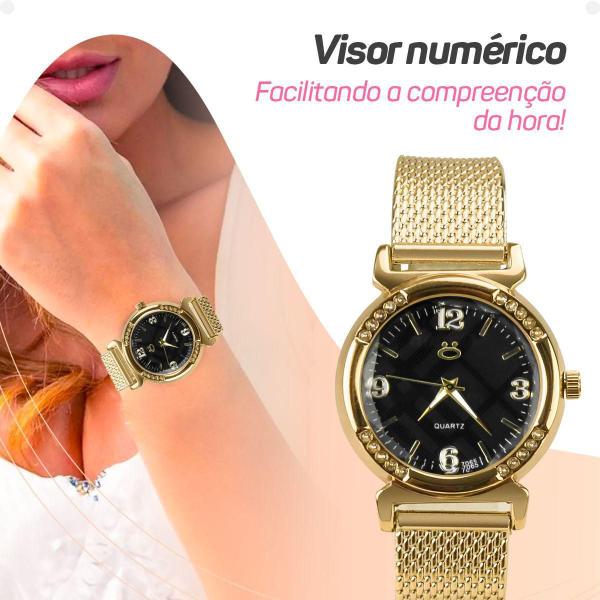 Imagem de Relogio Feminino Banhado Aço Dourado Inox Silicone Social