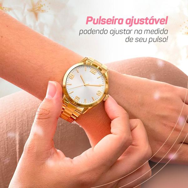 Imagem de relogio feminino banhado aço inox + pulseira + caixa social casual original strass presente