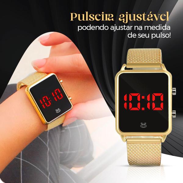 Imagem de Relogio feminino banhado + aço inox qualidade premium casual pulseira ajustável led social presente