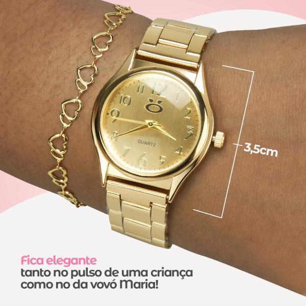 Imagem de Relogio feminino banhado aço + pulseira + anel social qualidade premium presente ouro inoxidavel