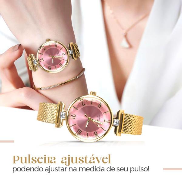 Imagem de Relogio feminino banhado aço + pulseira + porta joia + colar