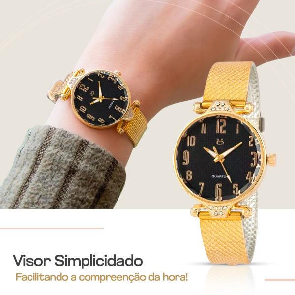 Imagem de Relogio Feminino Banhado Dourado + Caixa + Colar Brinco Coração inoxidável casual mostrador preto