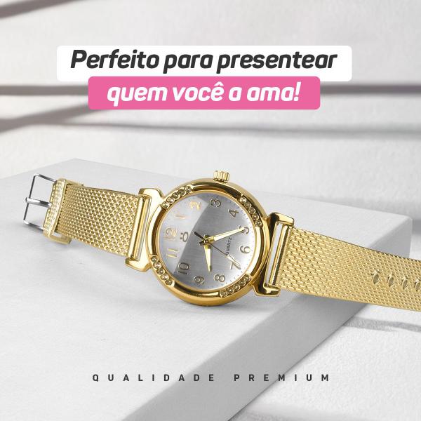 Imagem de Relógio Feminino Banhado Ouro Aço Inox Dourado + Caixa