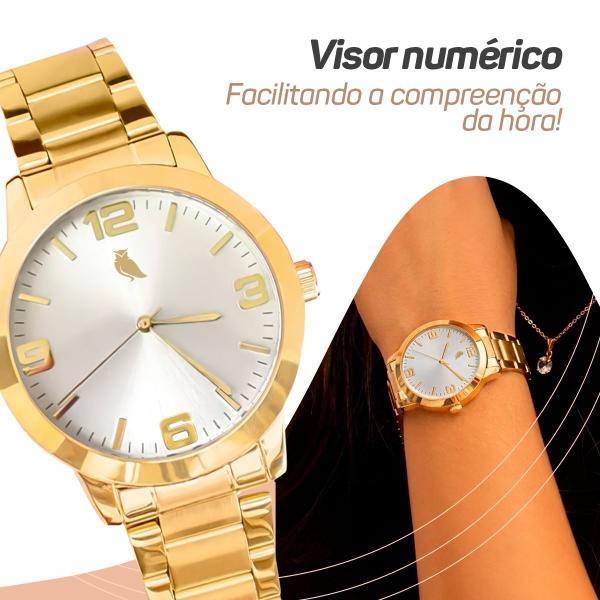 Imagem de Relógio Feminino Banhado Ouro Aço + Pulseira Pandora + Caixa