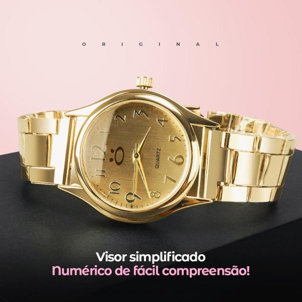 Imagem de relogio feminino banhado ouro + colar + pulseira qualidade premium casual inoxidavel presente social