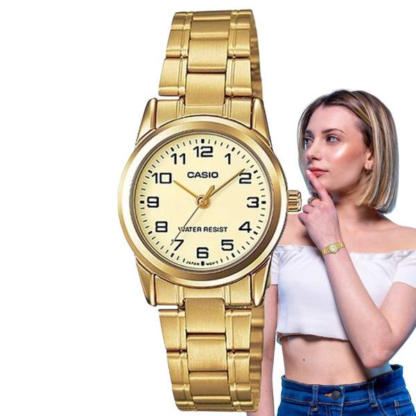 Imagem de Relógio Feminino Casio Analógico Pequeno Redondo Clássico Aço inoxidável Casual Dourado LTP-V001G-9BUDF