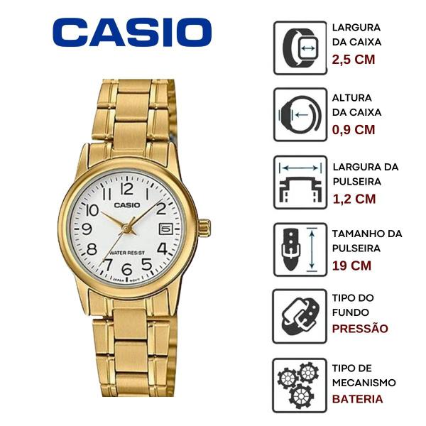 Imagem de Relógio Feminino Casio Redondo Pequeno Resistente Àgua Aço Inóx Calendário Analógico Casual Dourado LTP-V002G-7B2UDF