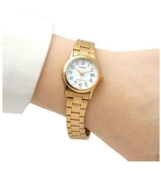 Imagem de Relógio Feminino Casio Redondo Pequeno Resistente Àgua Aço Inóx Calendário Analógico Casual Dourado LTP-V002G-7B2UDF