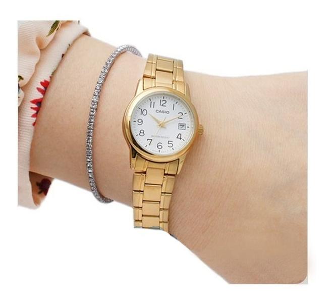 Imagem de Relógio Feminino Casio Redondo Pequeno Resistente Àgua Aço Inóx Calendário Analógico Casual Dourado LTP-V002G-7B2UDF