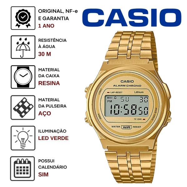 Imagem de Relógio Feminino Casio Vintage Digital Resistente Água Redondo Aço Inóx Casual Dourado A171WEG-9ADF