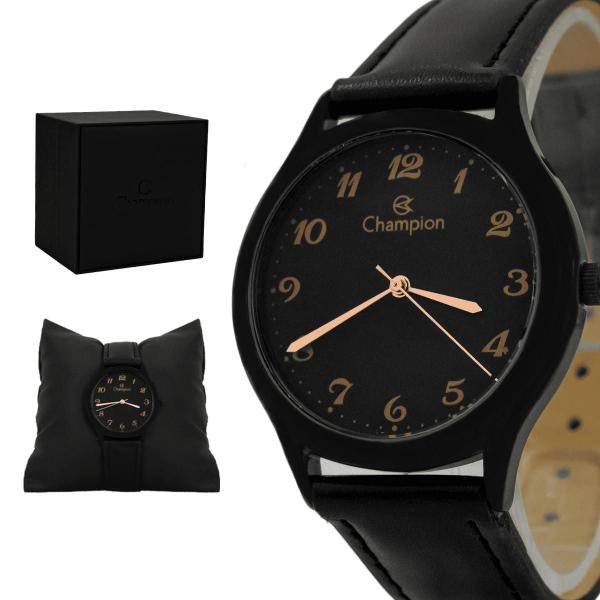 Relogio Feminino Champion Analogico Aço Inoxidavel Preto Pulseira Couro Original Resistent...