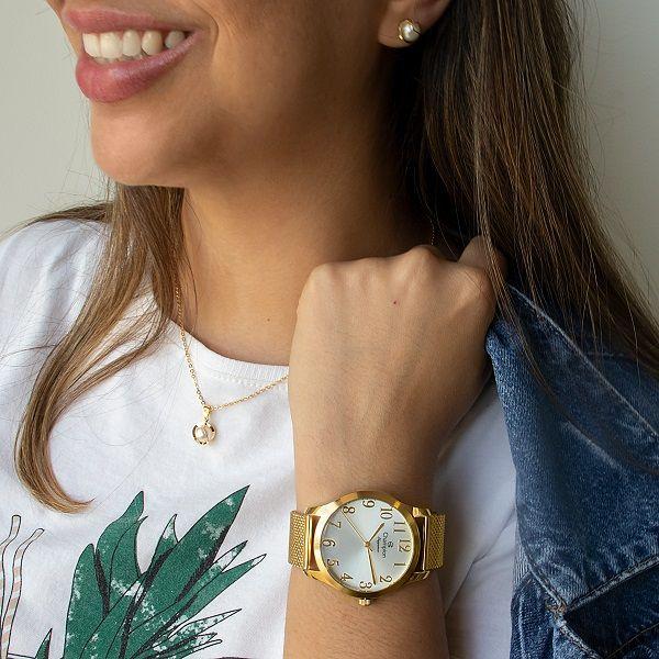 Imagem de Relógio Feminino Champion Analógico Dourado Pulseira Mesh CN26019B Colar e Brincos